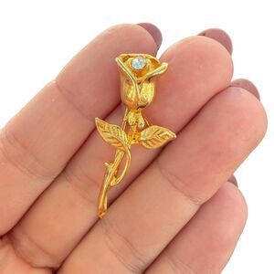 Vintage Jewelry Gold Tone Rose Brooch Long Stemmed Rose Pin